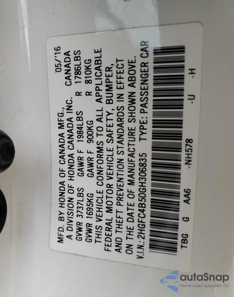 2016 Honda Civic Lx from USA, damaged, VIN 2HGFC4B50GH306835